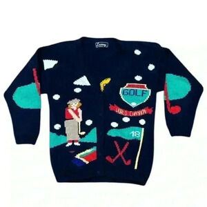 Lumy Hand Knitted Vintage Golf Theme Cardigan Sweater Size Large